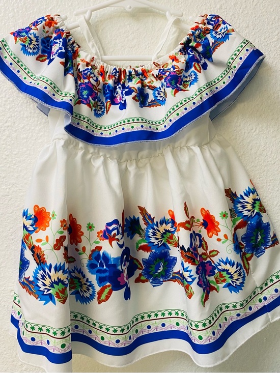 Other - White Floral Off-Shoulder Kids Dress with Blue & Orange Accents